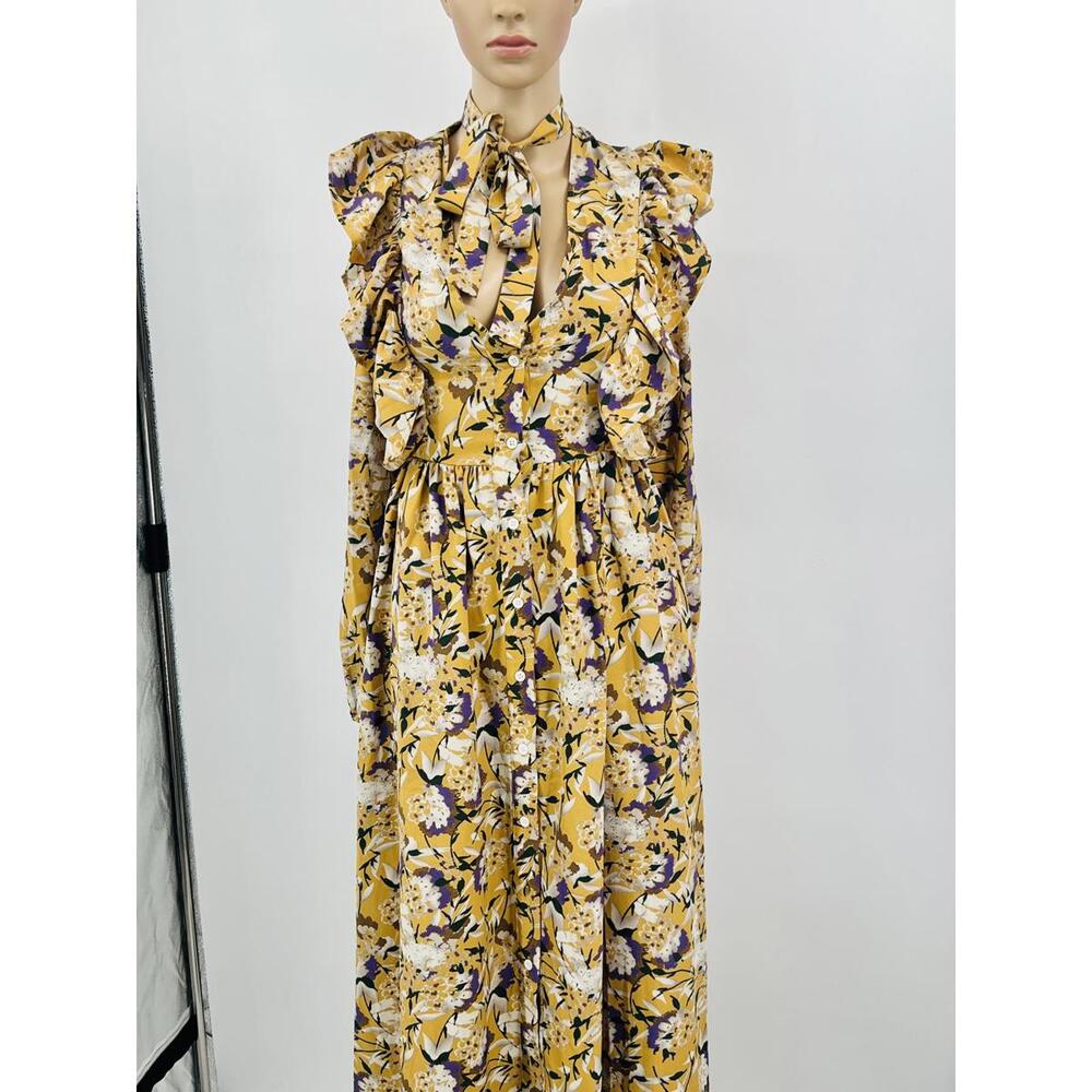 Mustard Floral Ruffle Maxi Dress with‎ Tie Neck Size 4 Nasty Gal
